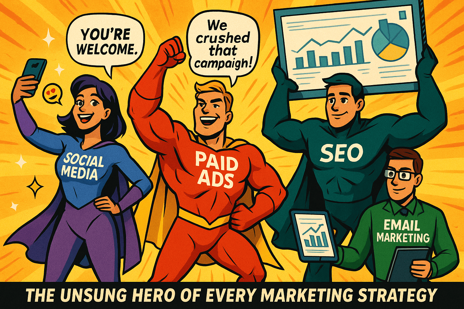 The superhero squad of digital marketing: flashy Paid Ads, dynamic Social Media, efficient Email Marketing—and the humble powerhouse, SEO, quietly carrying the weight of every strategy.