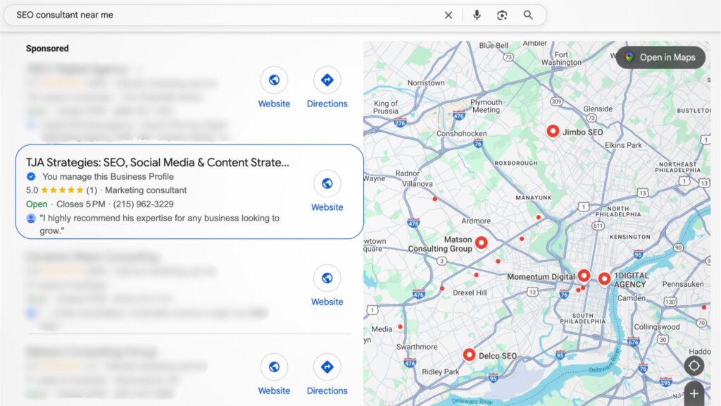 A screenshot of TJA Strategies appearing as a top result for the search: "SEO consultant near me" - a great example of Local SEO.